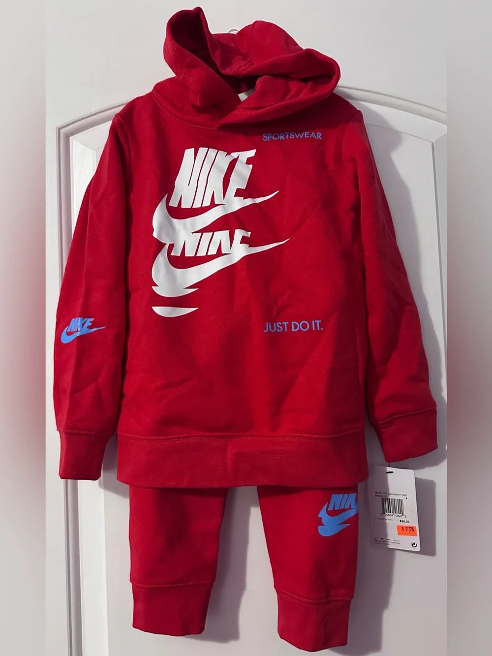 BNWT Nike Red Kids 2-Piece Hoodie and Jogger Set with White and Blue Logo Accent